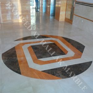 Orange Travertine wall cladding and creama marfil flooring with waterjet medalion for building entrance  – Dubai