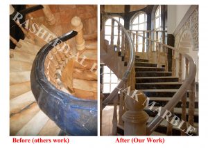 SPIRAL CURVED ROSA ORORA SALMON MARBLE HANDRAIL RECTIFICATION WORKS FOR REJECTED BLACK MARQINA MARBLE WORKS DONE BY OTHERS