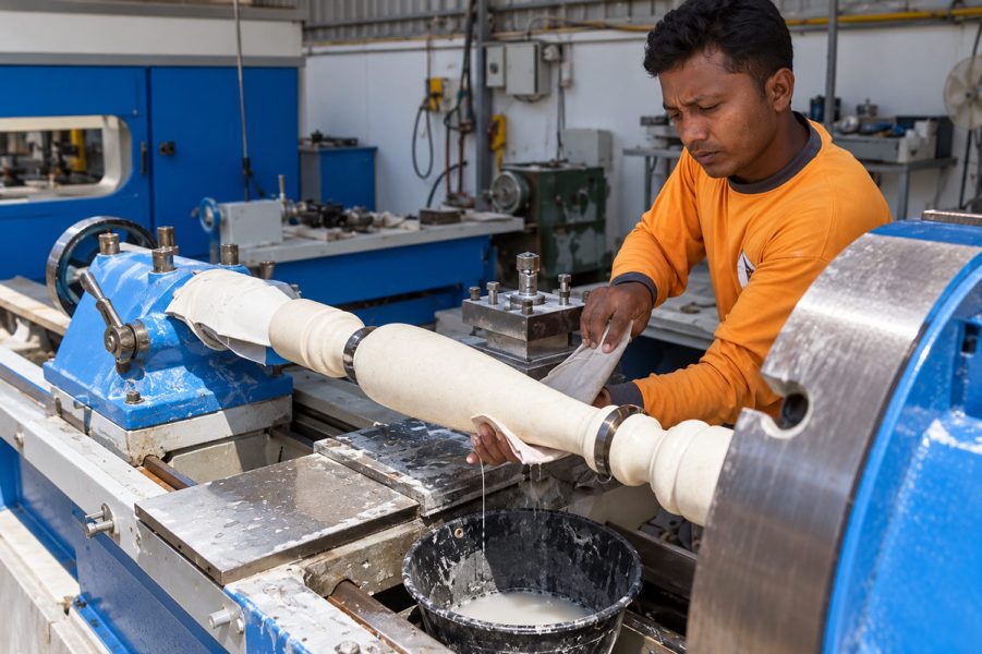 Craftsman-Polishing-a-Stone-Lathe-Piece