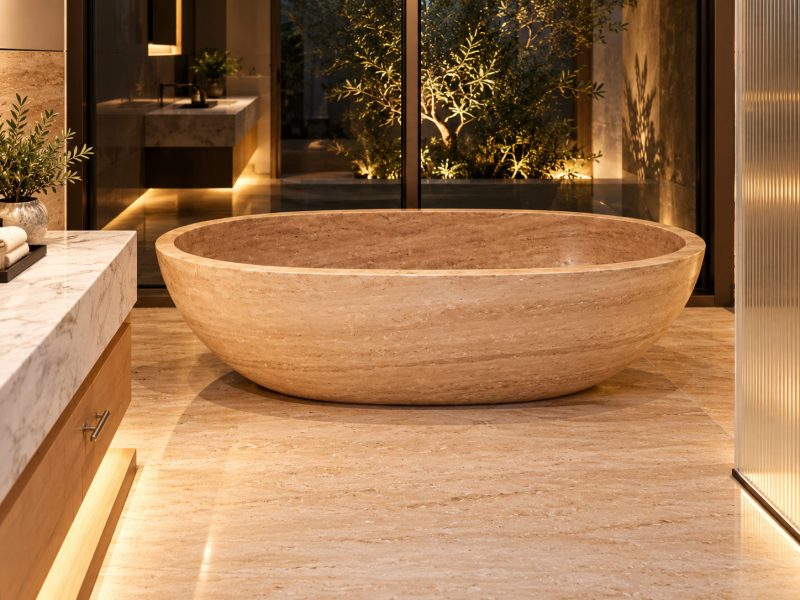 Beige travertine bathtub